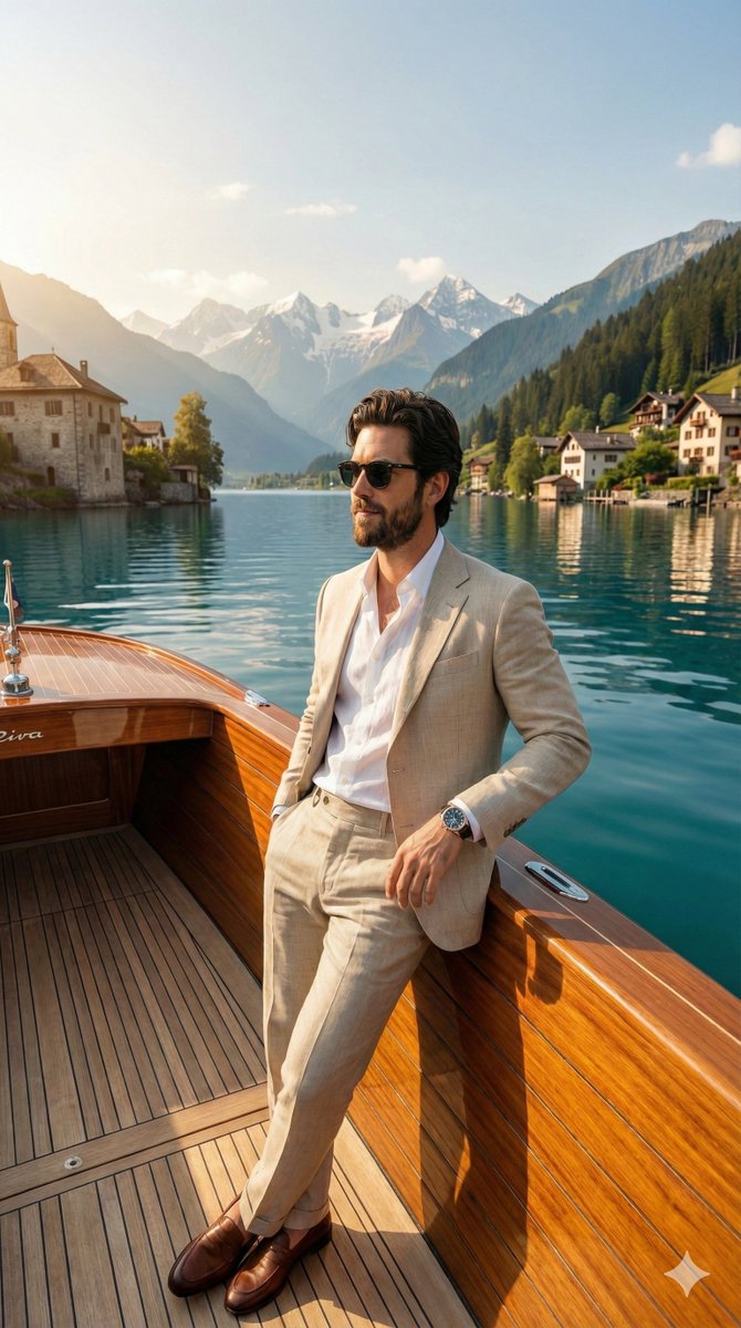 Luxury Boat Alpine Lake Editorial Photo Prompt 2