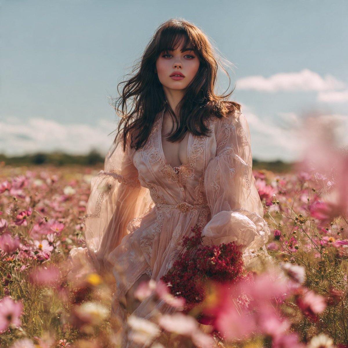 Pink Chiffon Gown Wildflower Field 2