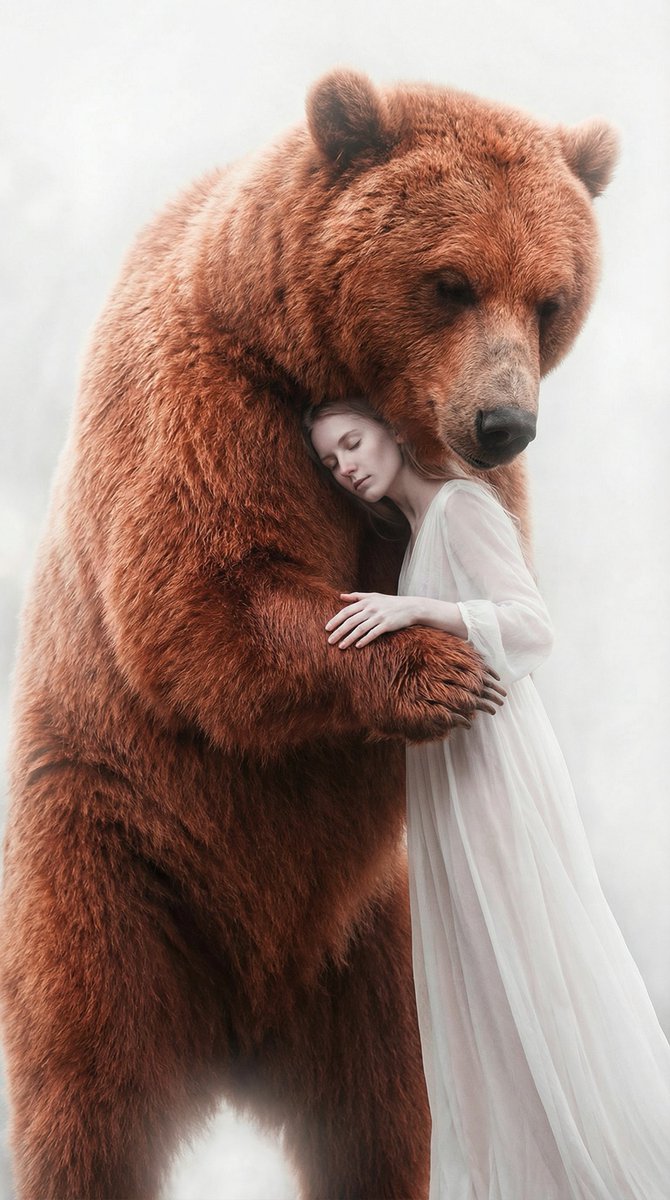 Surreal Scene of Human Embracing Massive Red Bear Prompt 1