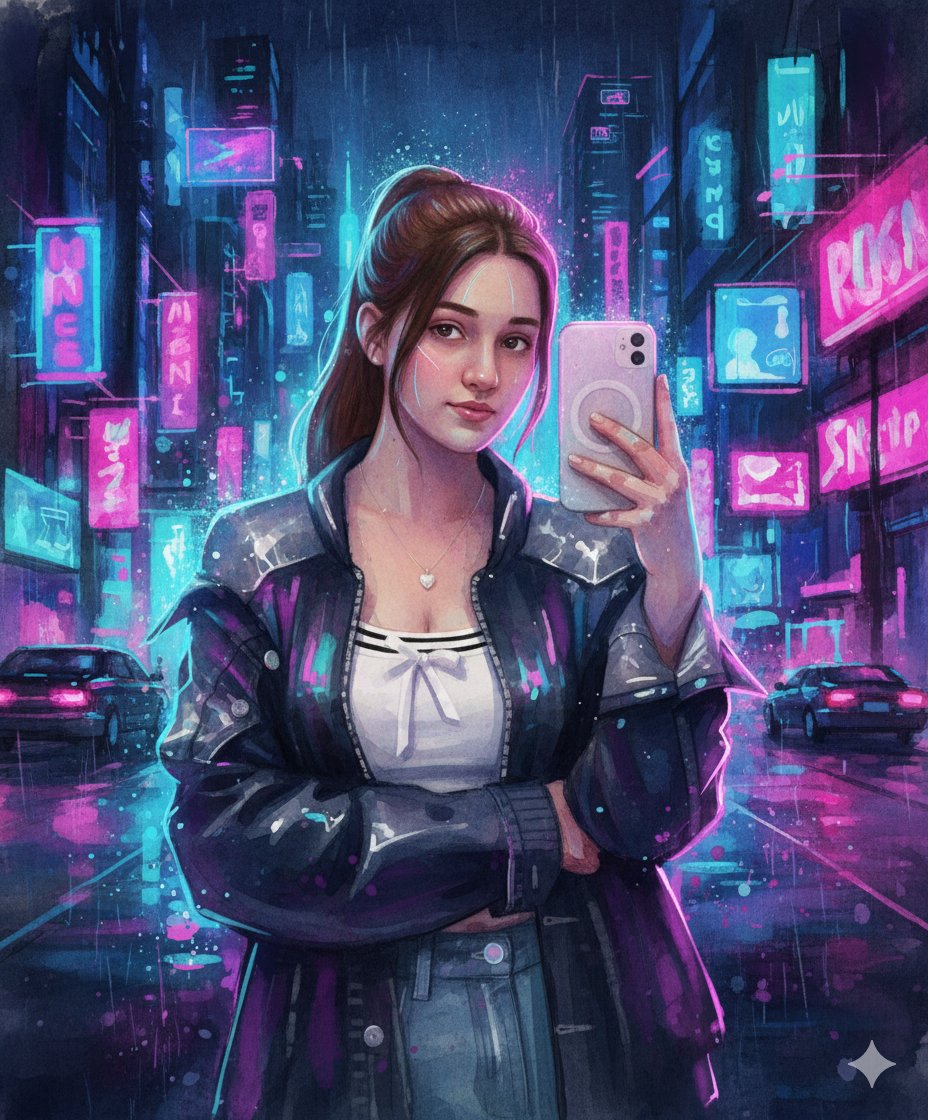 Neon Cyberpunk Watercolor Fusion Illustration Prompt 2