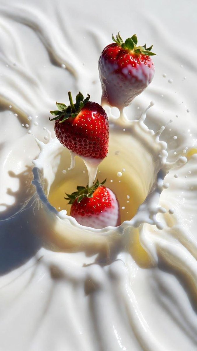 Macro Shot of Strawberries Falling into Milk 2