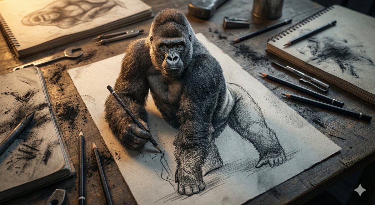 3D Gorilla Emerging from 2D Charcoal Sketch 2