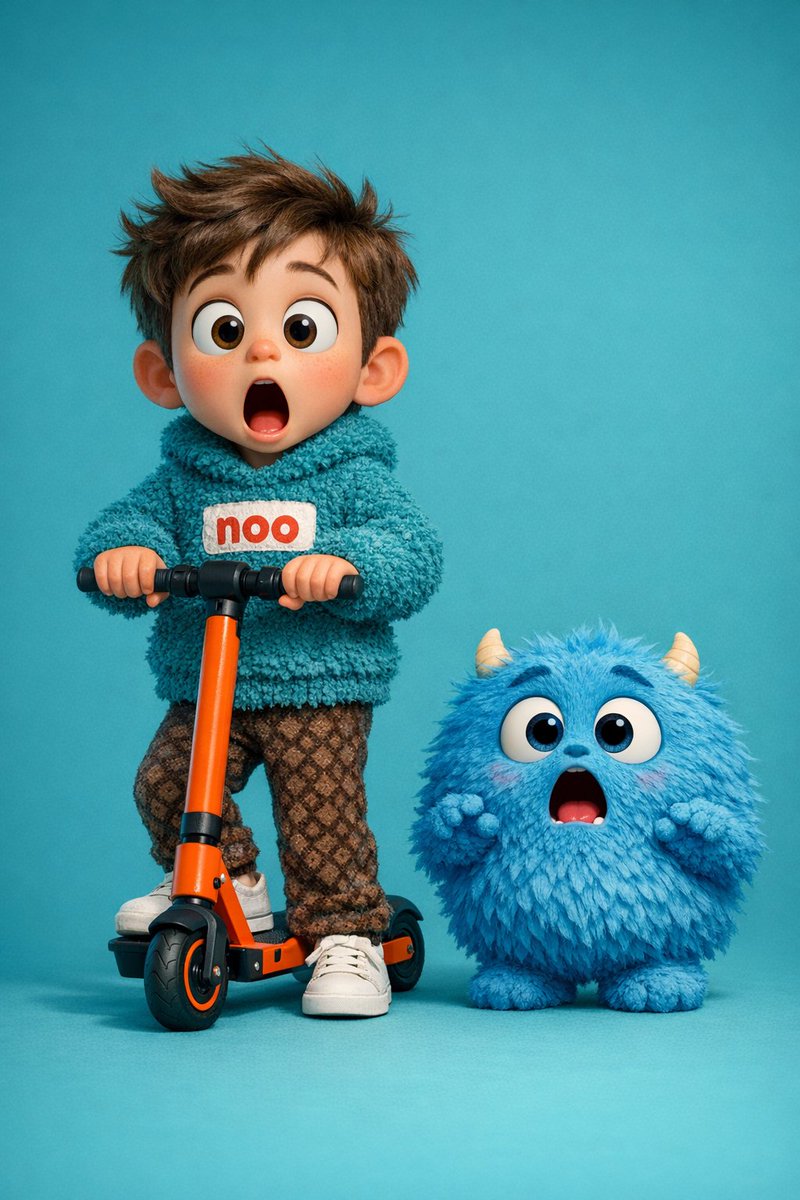 3D Render of Boy and Furry Monster on Scooter 2