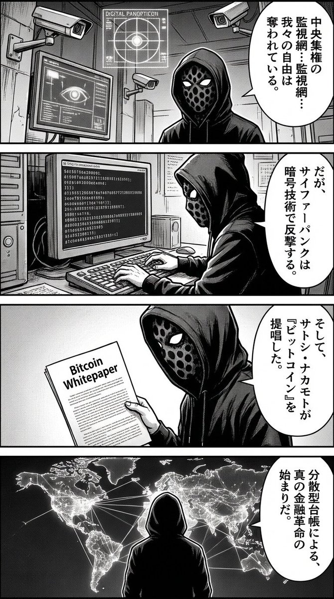 Four-panel manga about Bitcoin from cypherpunk view 1
