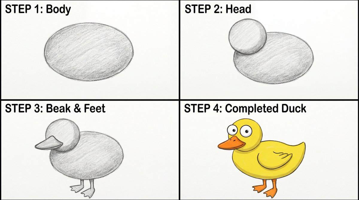 Four-Panel Guide for Drawing a Cartoon Duck 1