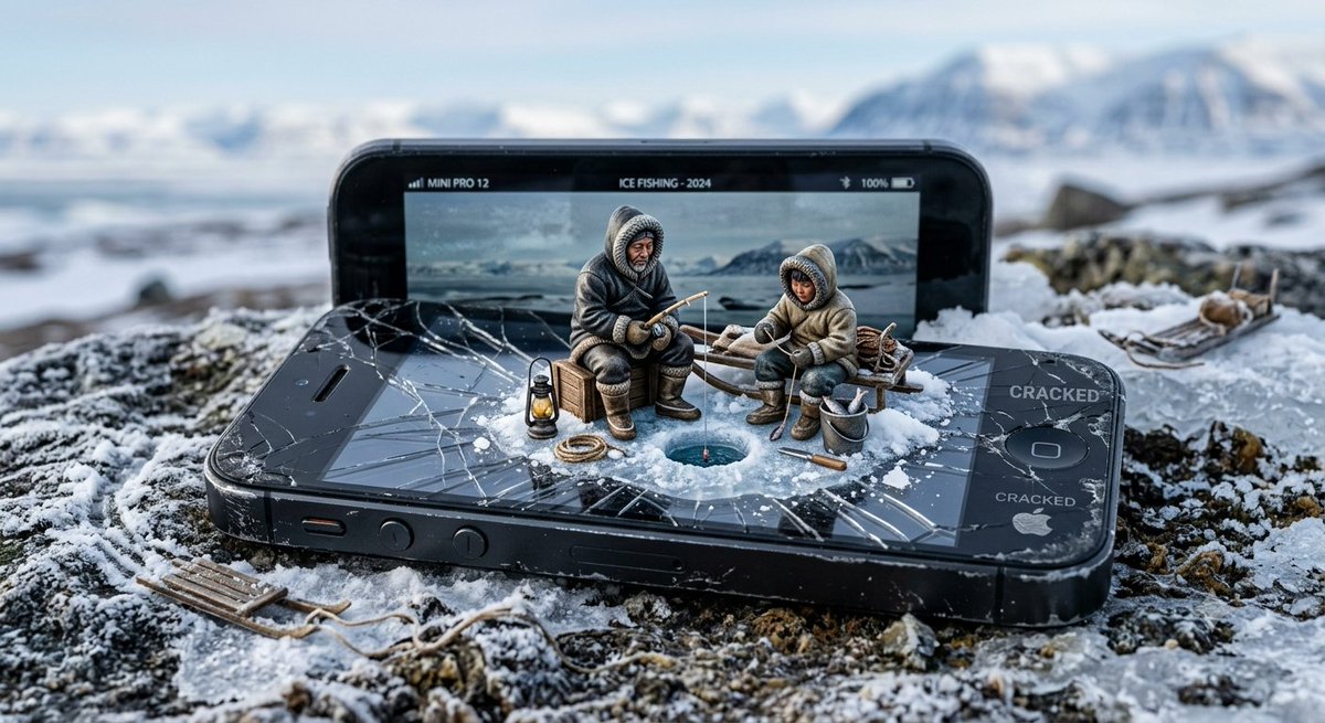 Miniature Inuit Fishing on Cracked Phone 1