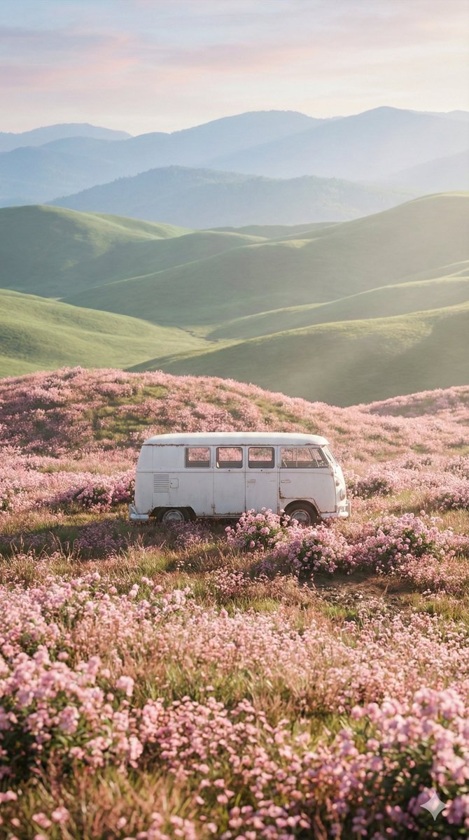 Cinematic Landscape of Minimalist Van in Pink Flower Fields 1