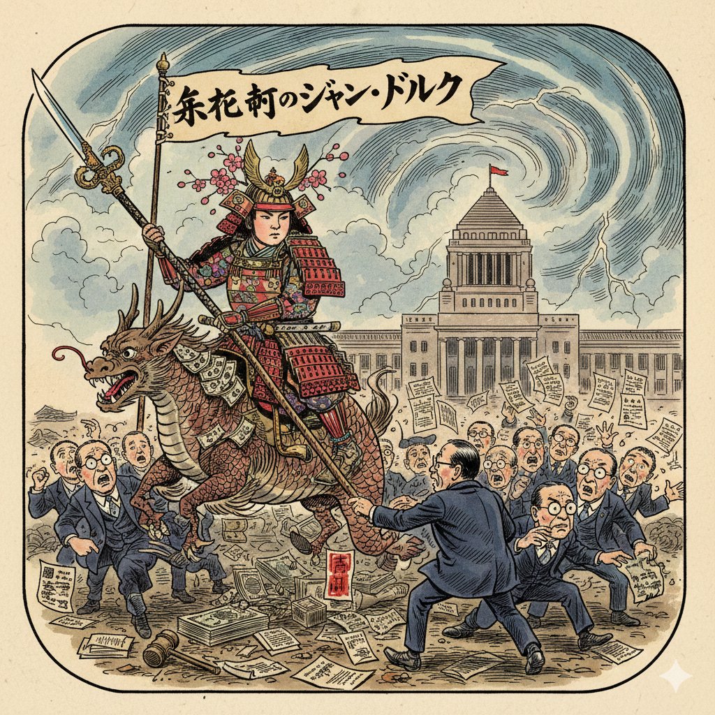 Image generation prompt for Nano Banana Pro: Caricature of Joan of Arc in Nagatacho 1