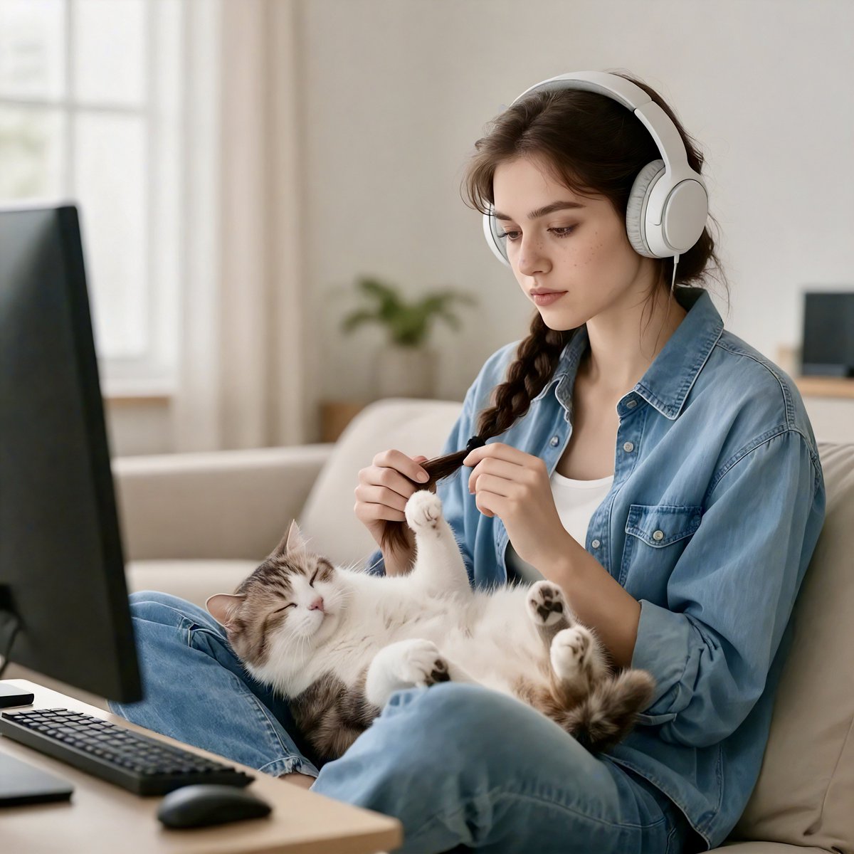 Editorial Portrait of Woman and Cat with Braid Interaction 2