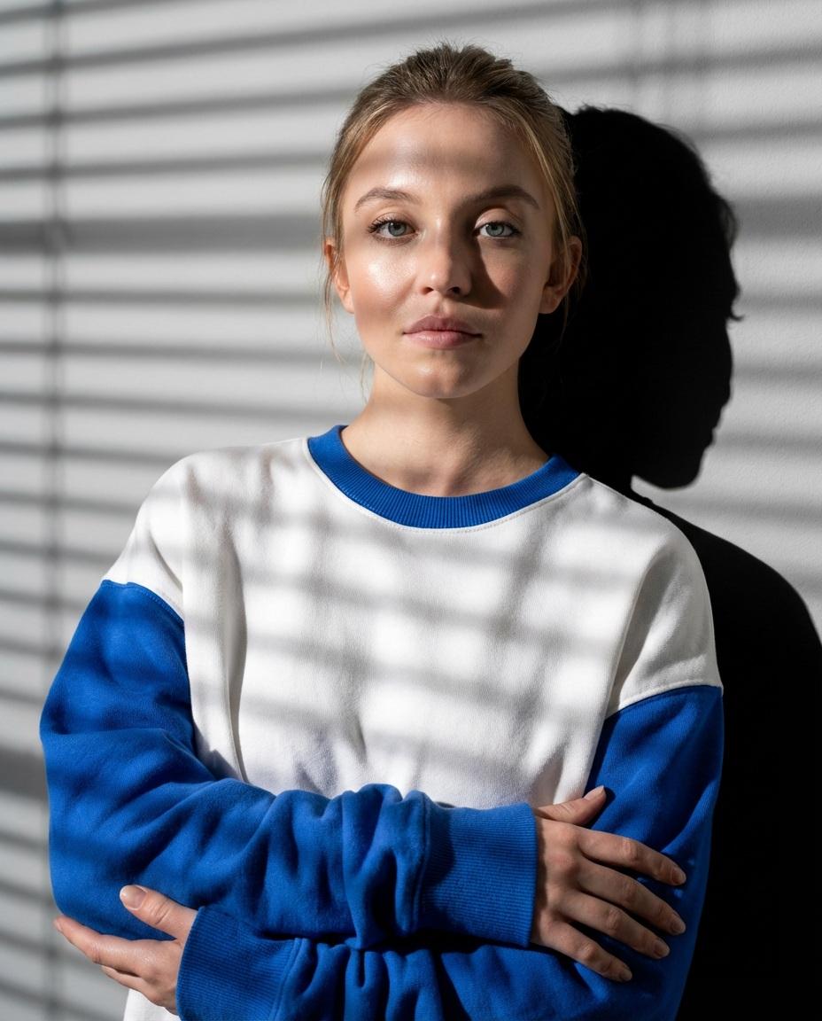 High-Contrast Fashion Studio Portrait with Striped Shadows 2