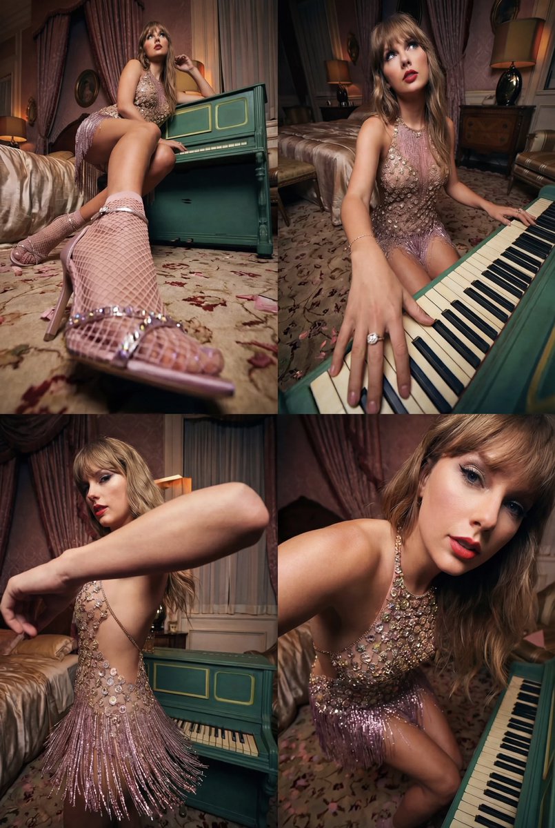 Four-frame vintage glamour collage of a woman in a crystal bodysuit at a piano 2