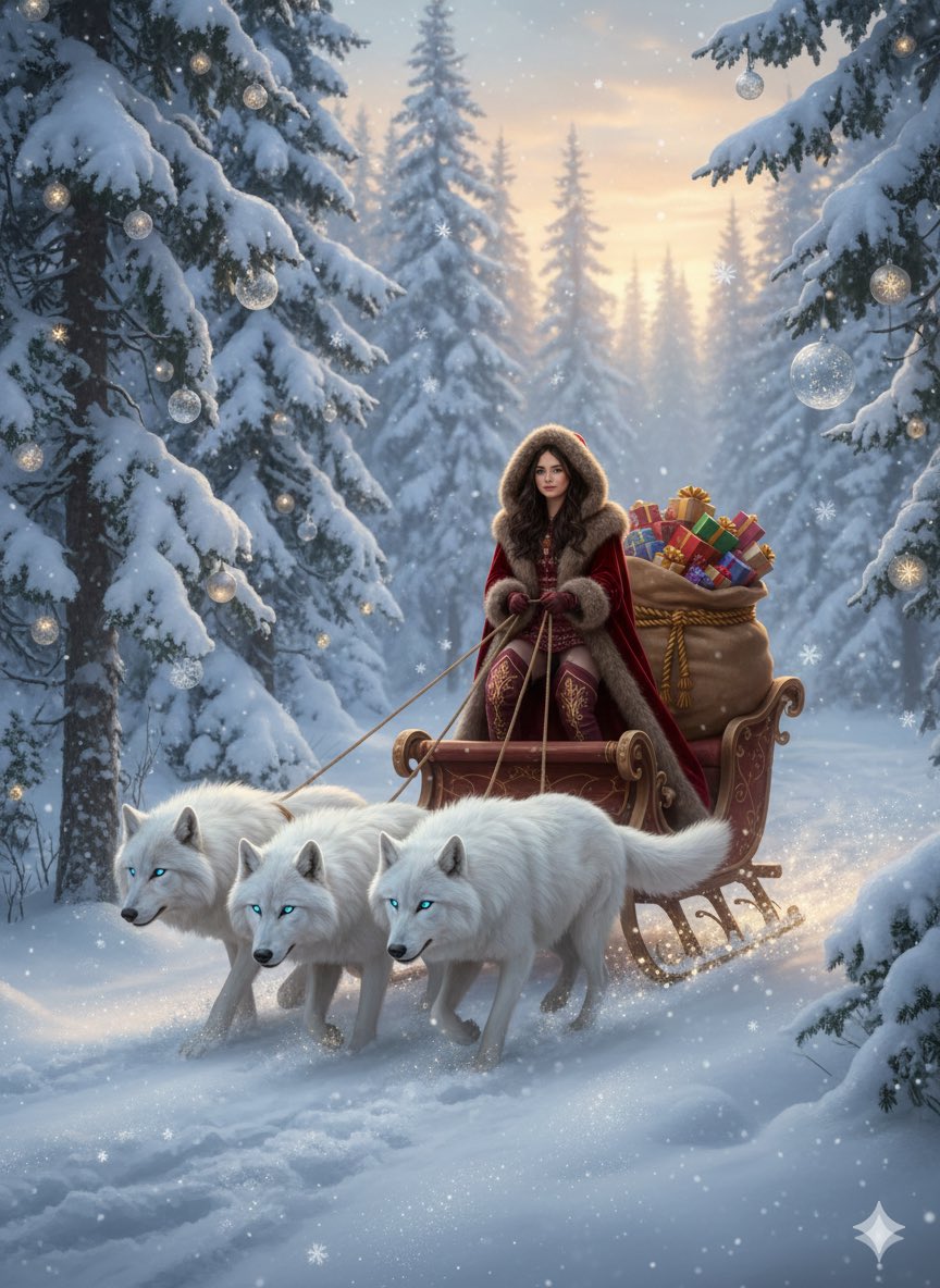 Fantasy Christmas Sleigh Pulled by Wolves 1