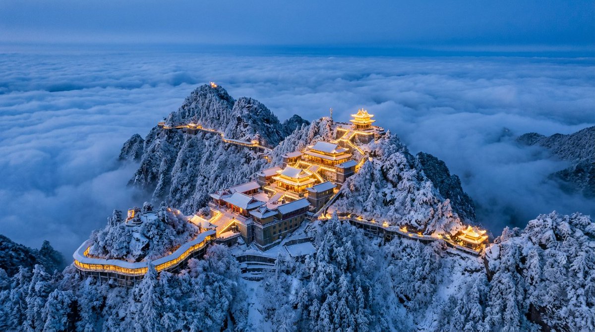 Spectacular Aerial View of Laojun Mountain Temple in Winter 1