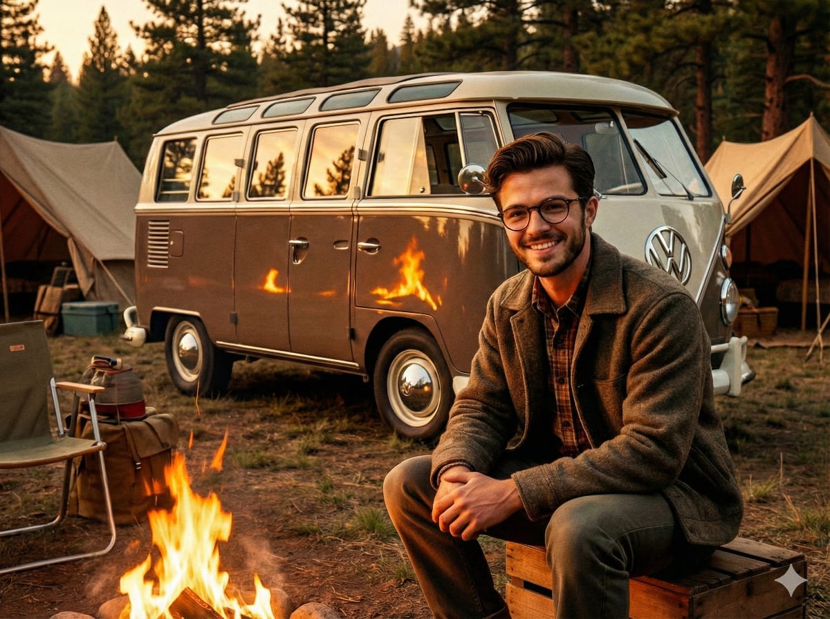 1950s Americana VW Samba Bus Campsite Portrait 1