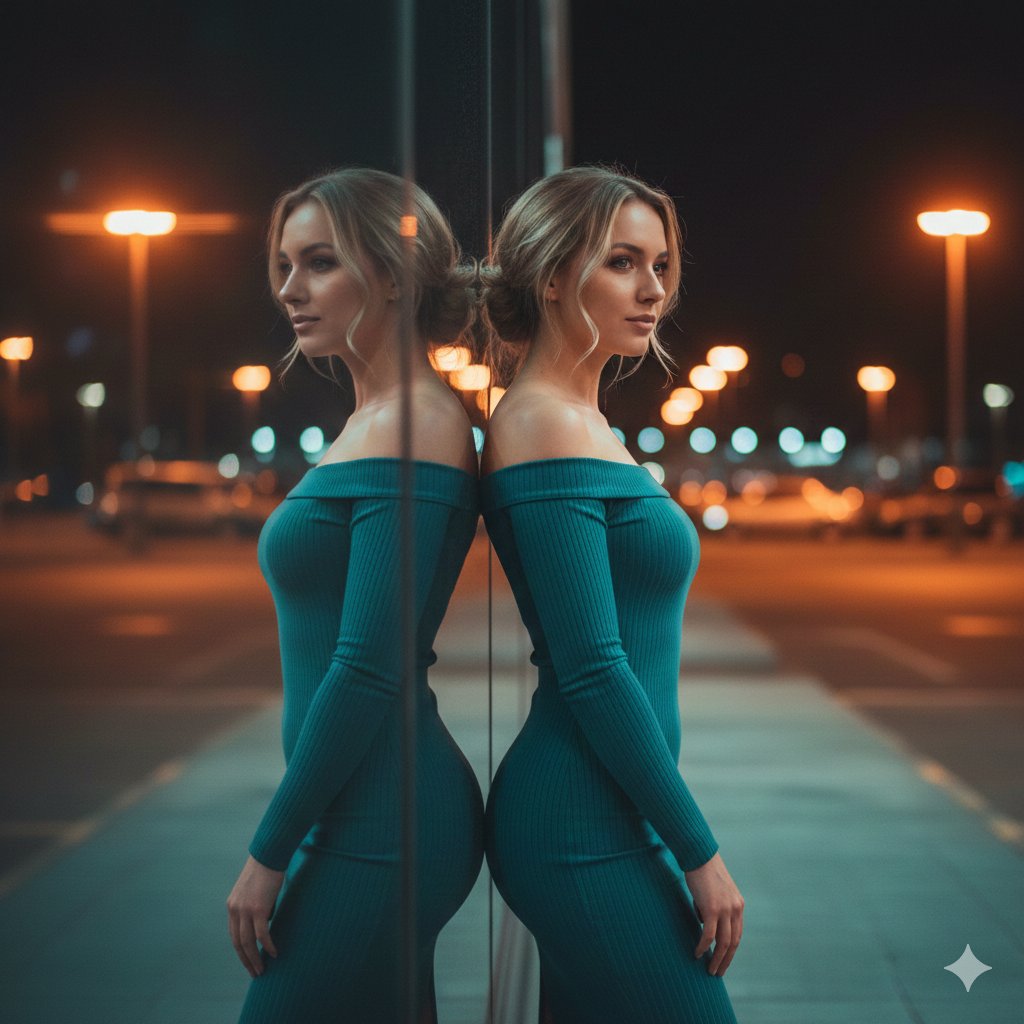 Neon-Lit Mirror Reflection Portrait Prompt 1