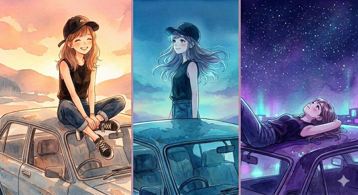 Three-Panel Anime Watercolor Split Composition Prompt for Nano Banana Pro 1