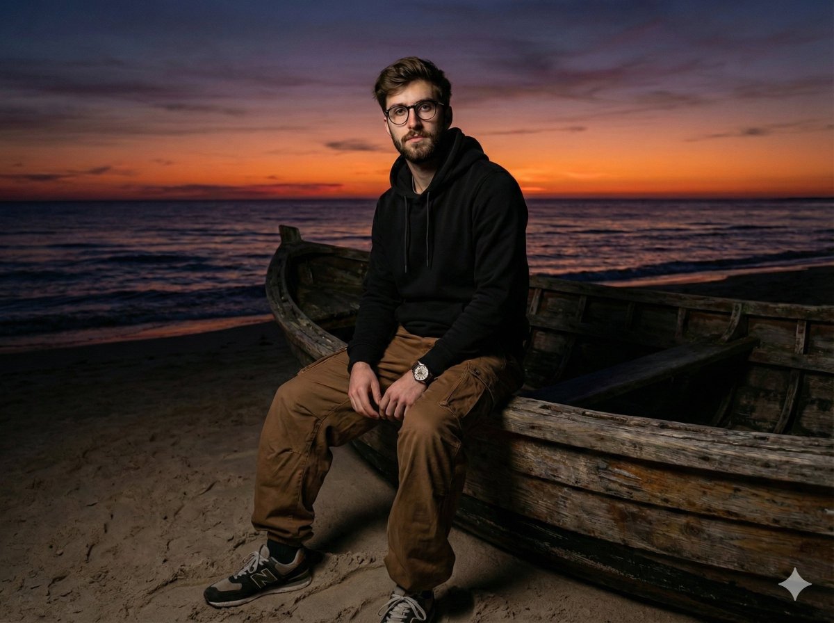Moody Cinematic Portrait on Stranded Boat at Sunset 1