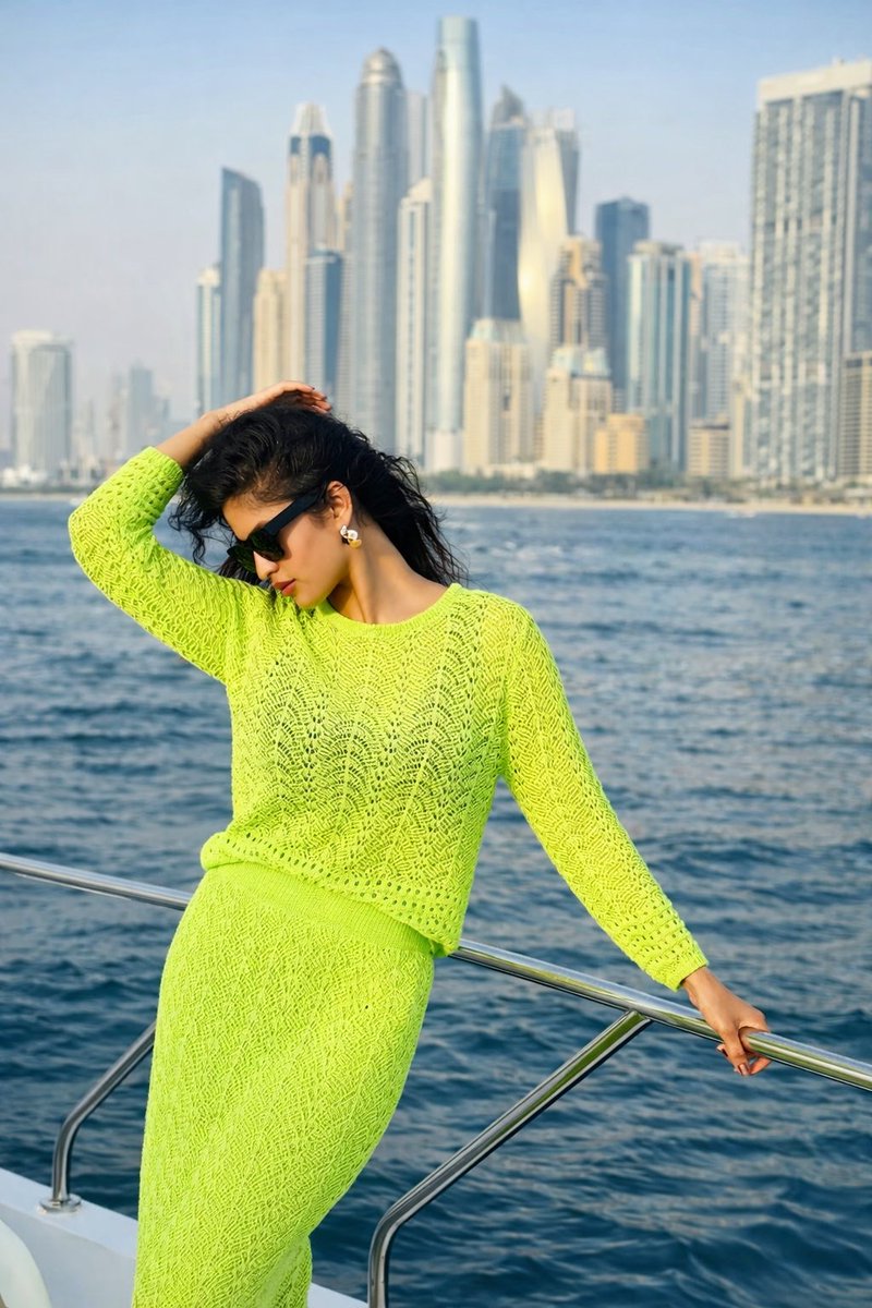 Lifestyle Portrait on Yacht in Neon Green Knitwear 3