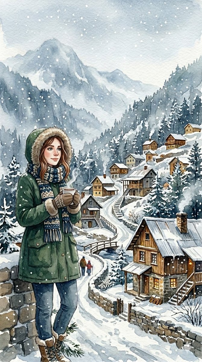 Cozy Winter Hill Station Watercolor 1