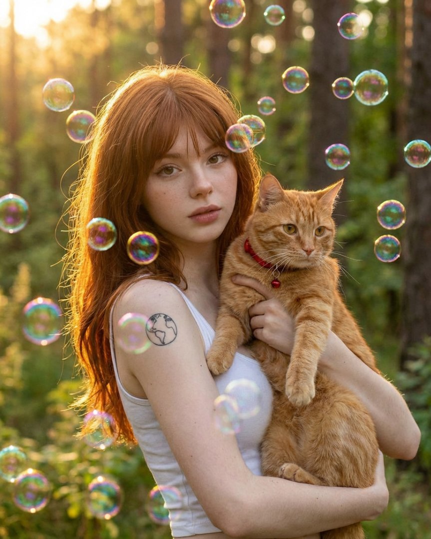 Dreamy Golden Hour Portrait with Cat and Soap Bubbles 1
