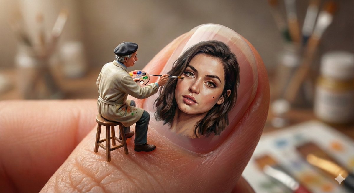 Miniature Artist Painting on a Giant Fingernail 4