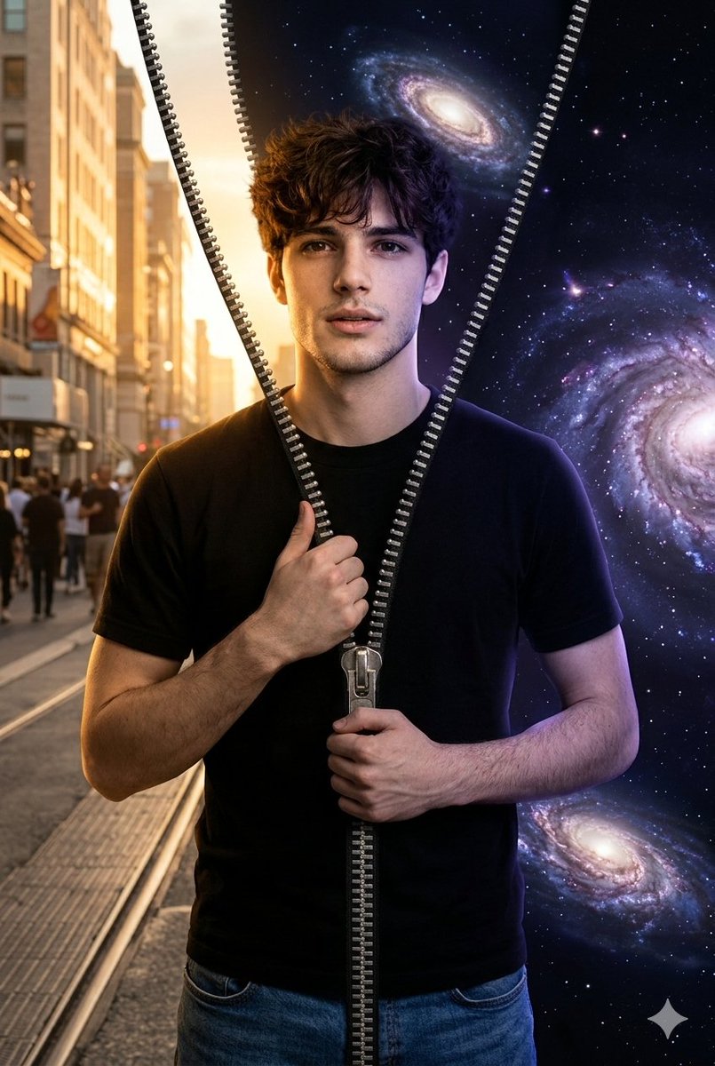 Conceptual Portrait of Man Zipping Reality Open to Cosmic Void 1