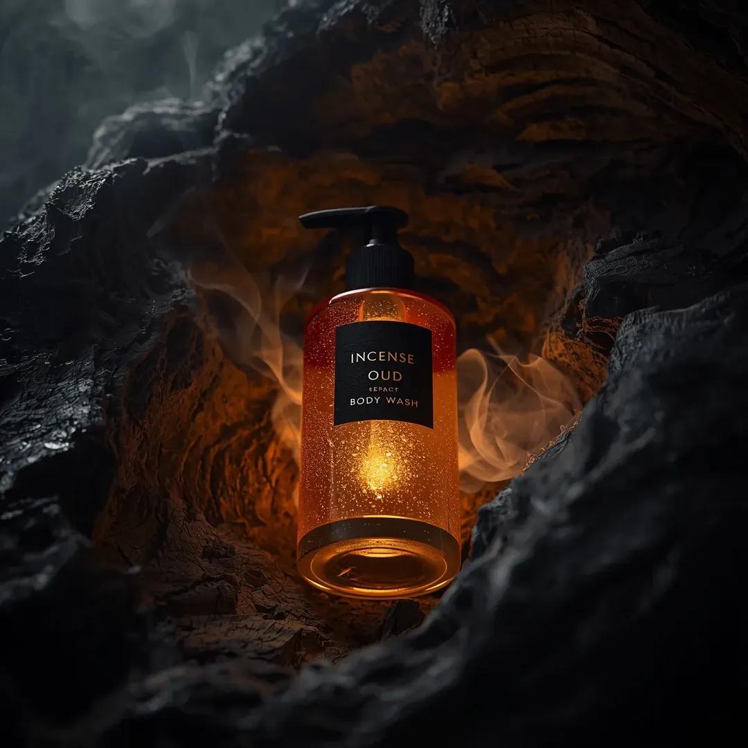 Ultra-Realistic Product Shot of Incense Oud Body Wash 1