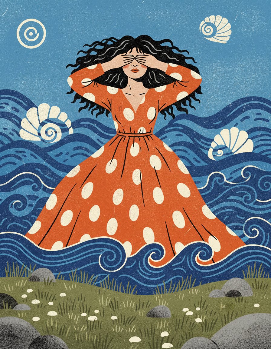 Stylized Screen Print Illustration of Woman in Sea 1