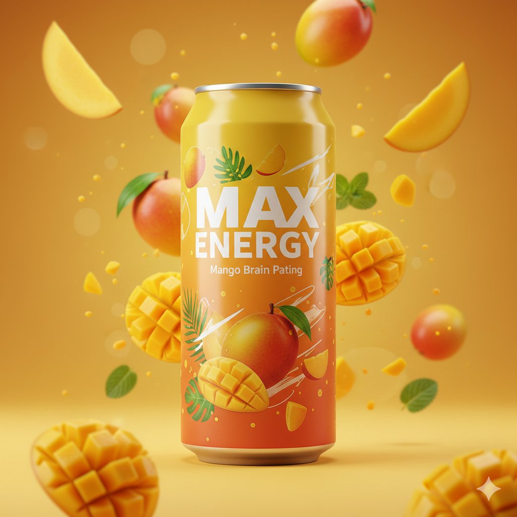 Photorealistic Mango Energy Drink Product Shot Prompt 1