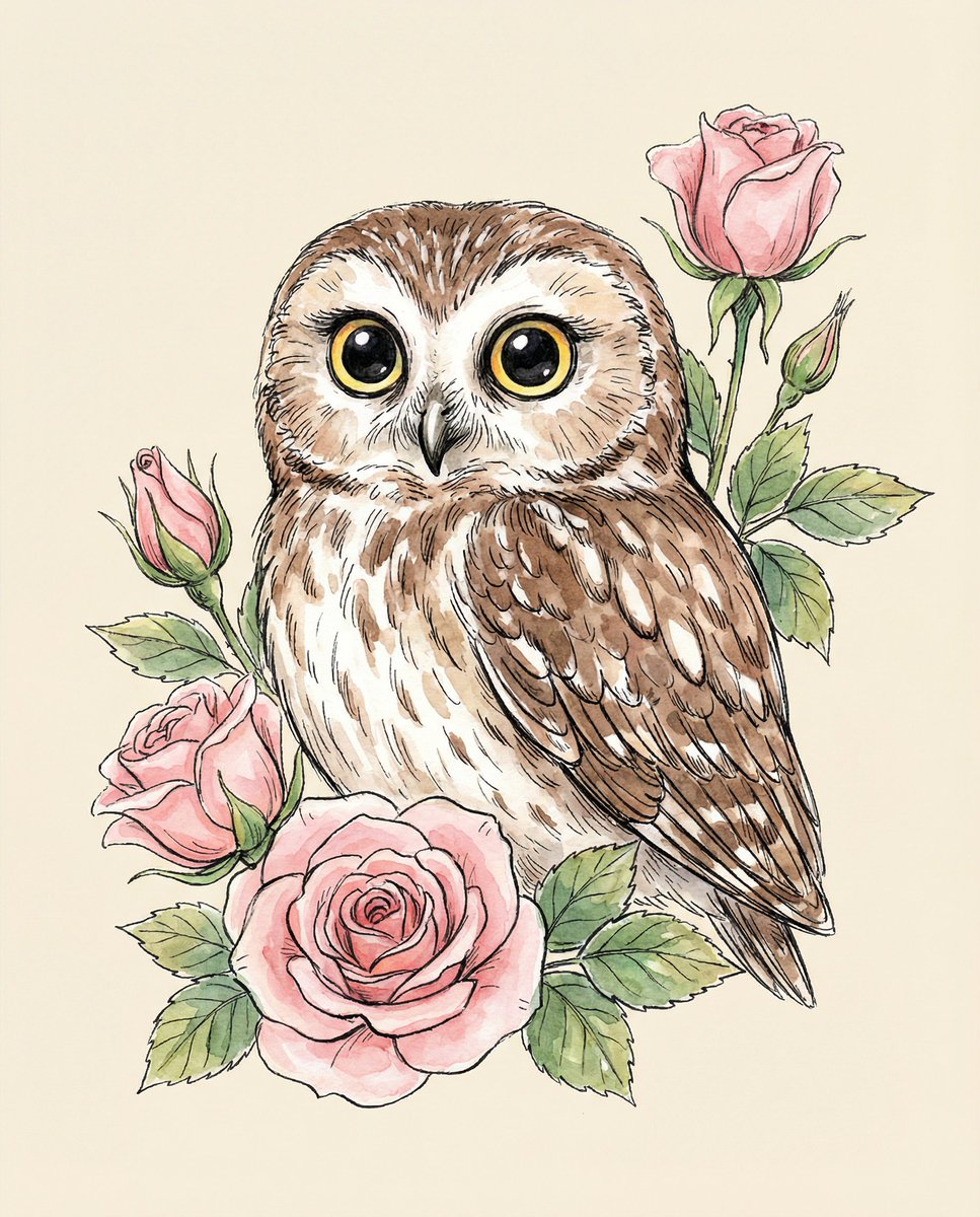 Watercolor Illustration of a Cute Owl with Pink Roses 1