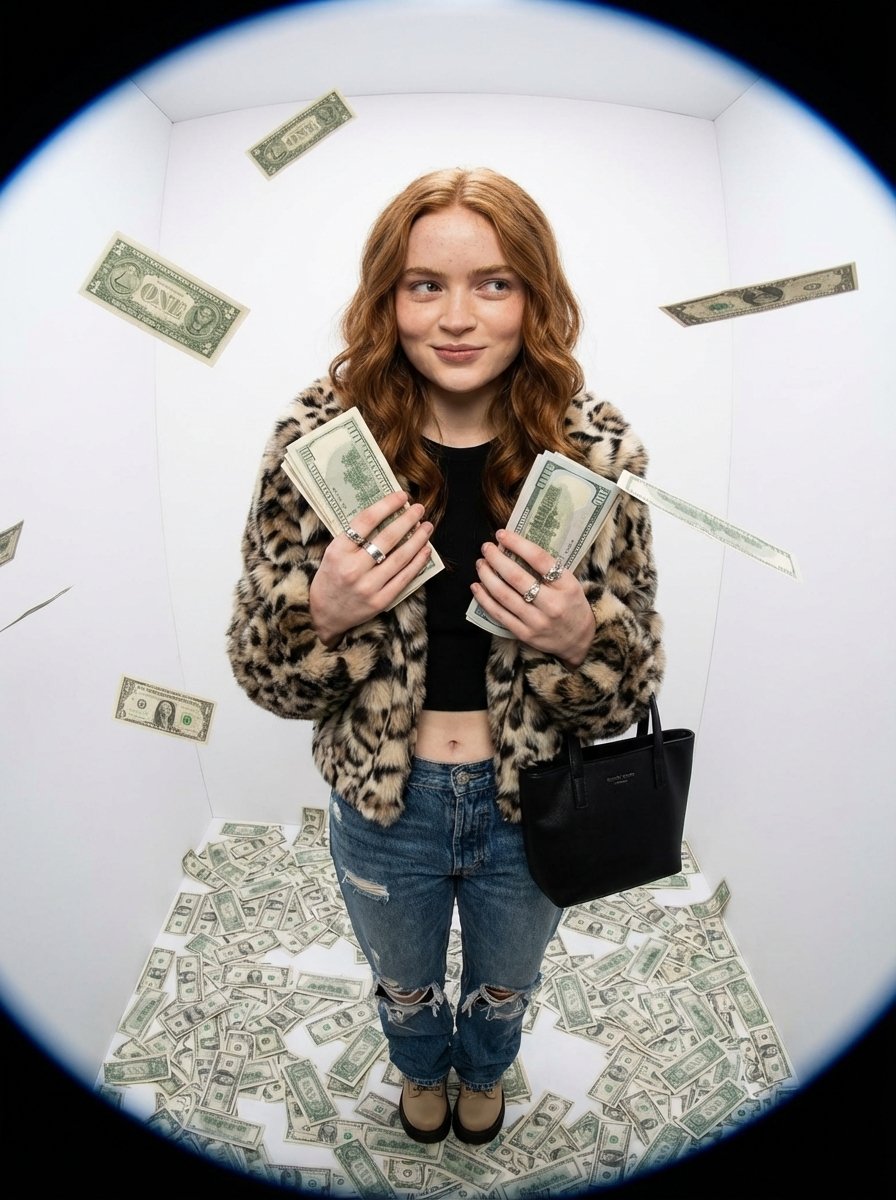 Fisheye portrait with money in a white studio 2