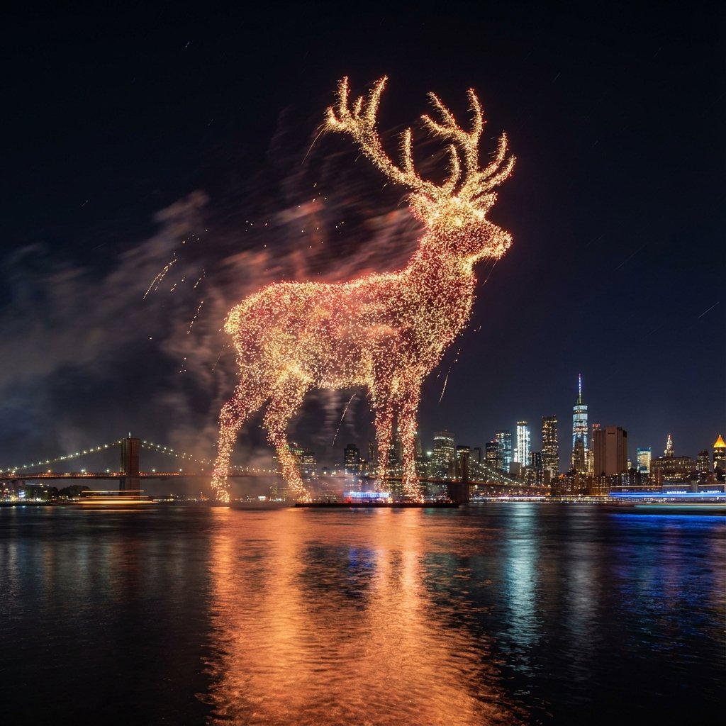 Santa Claus Fireworks over City Skyline 1