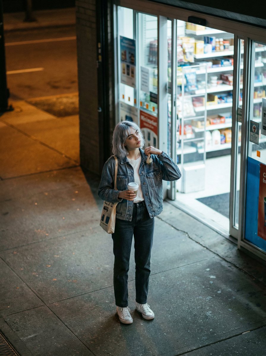Candid night street fashion photograph with film aesthetic 1