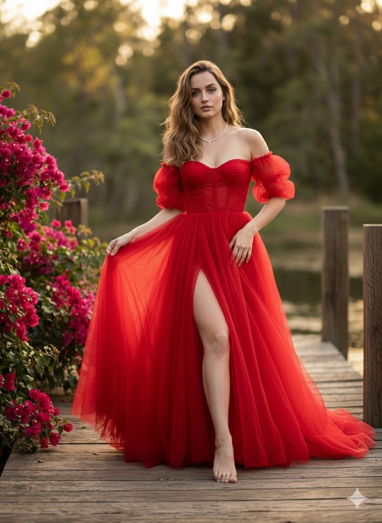 Cinematic fine-art photo of Ana de Armas in a red gala dress 2