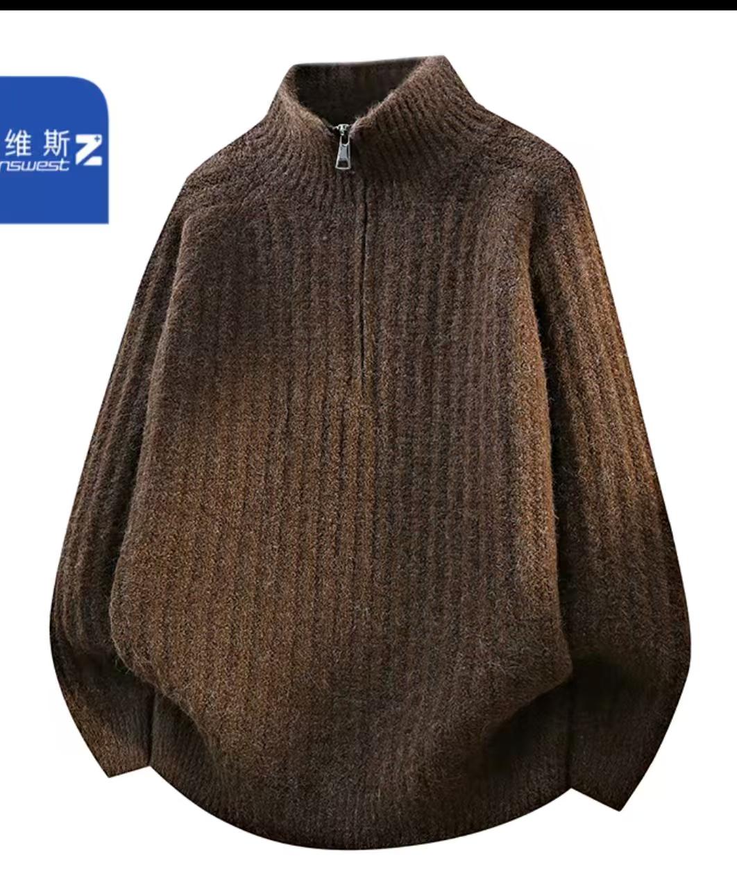 帮我生成图片：帮我生成图片：将图片中的16岁年轻男生：黑色短发，佩戴耳机、项链，背着黑色背包，穿着同款毛衣、蓝色阔腿牛仔裤，站在服饰店内，左手拿着棕色篮球，右手