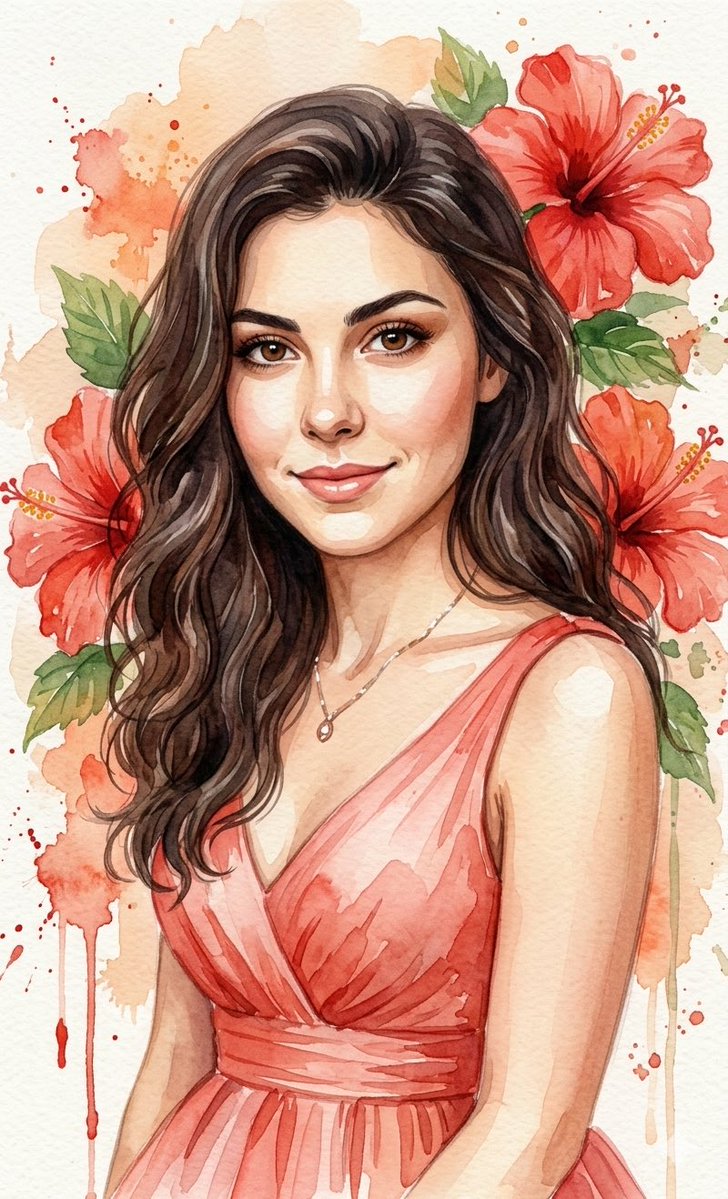 Watercolor Portrait with Hibiscus Prompt 1