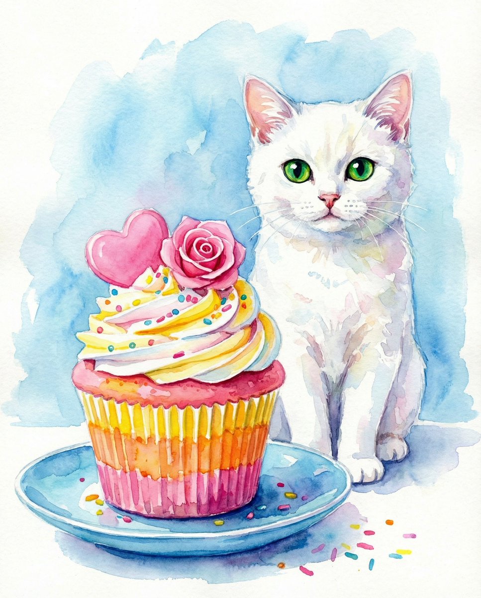 Watercolor Cat and Valentine's Cupcake 1