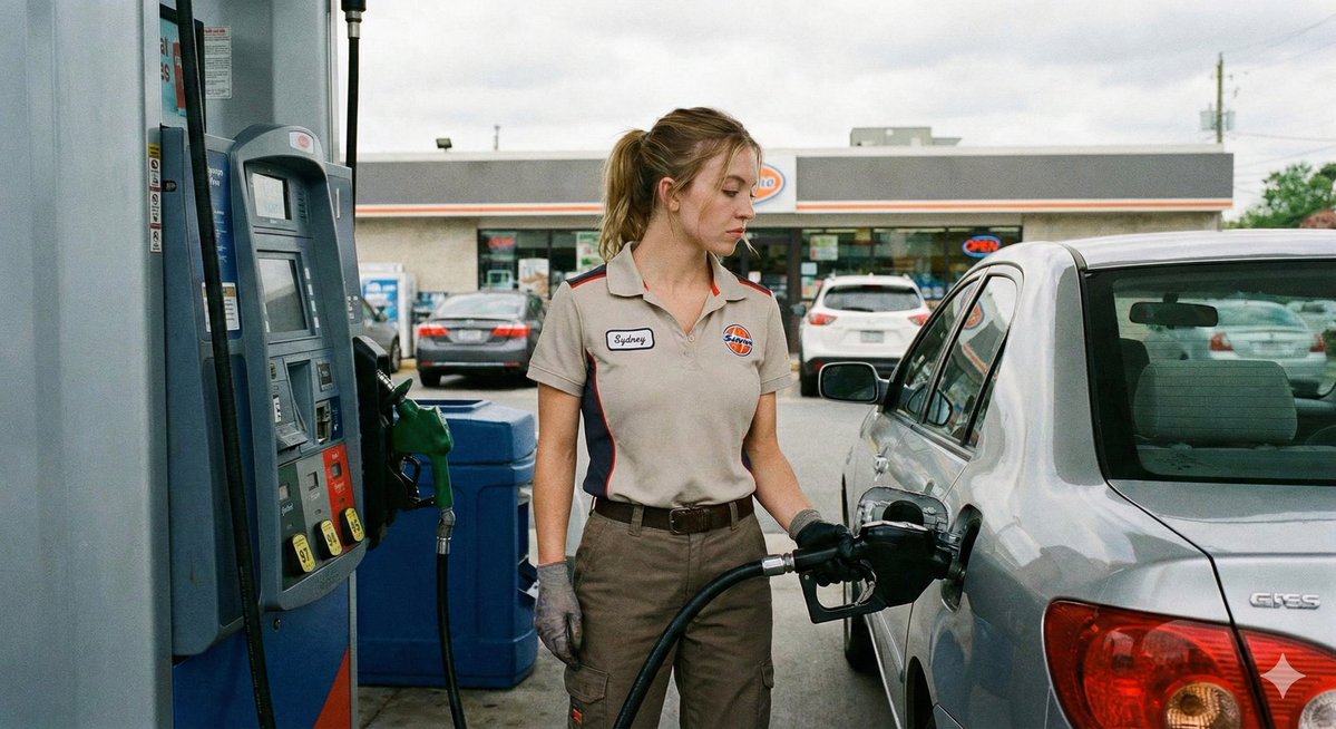 Vintage Americana Narrative Portrait of Sydney Sweeney as a Gas Station Attendant 2