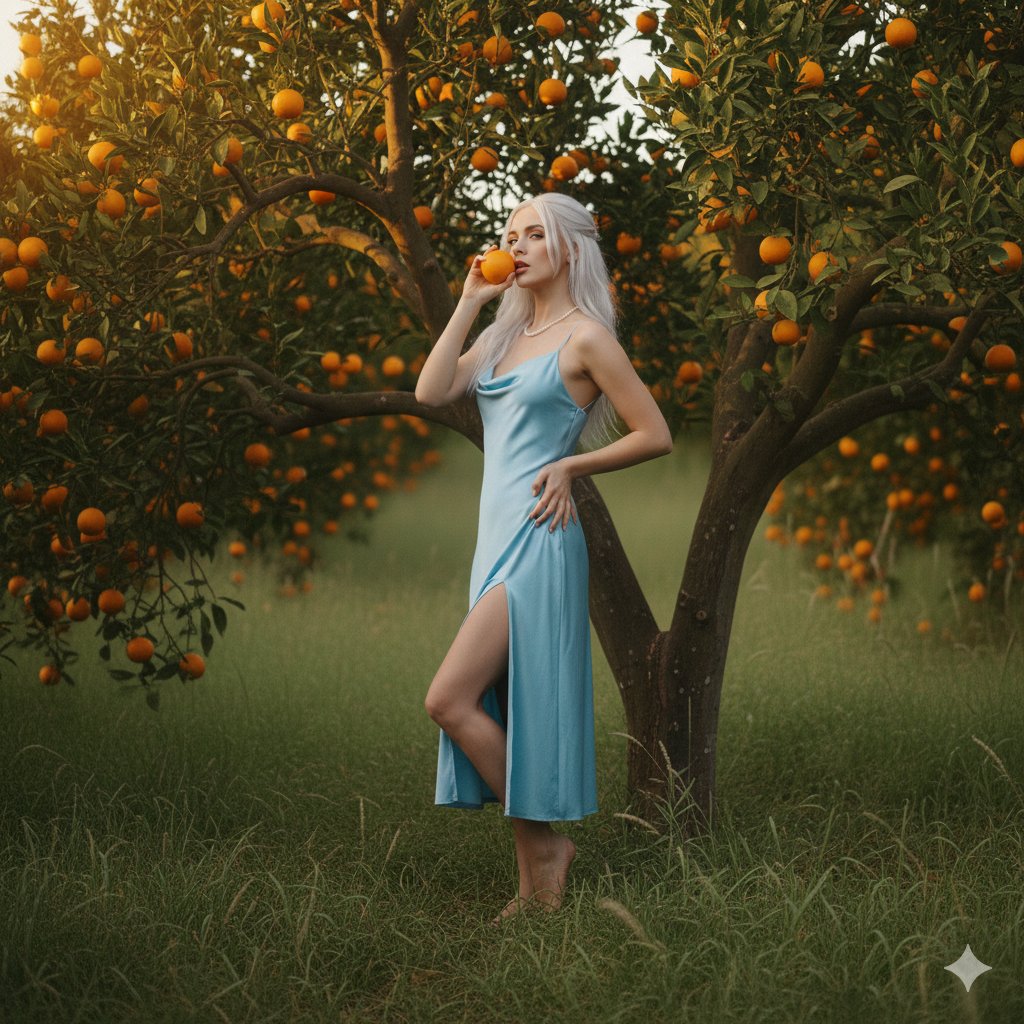 Dreamy Golden Hour Orange Grove Portrait Prompt 2