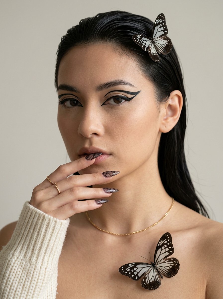 Graphic Eyeliner and Lace Nails Portrait 2
