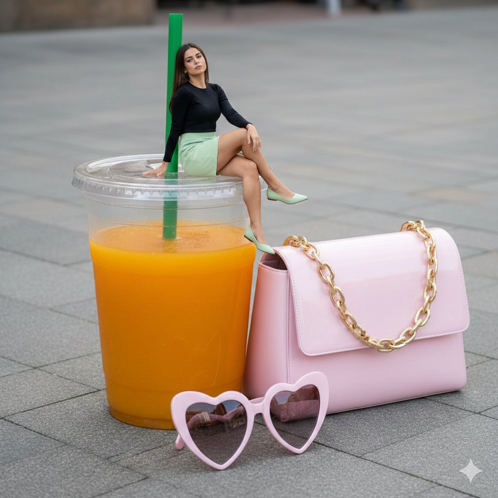 Surreal Scale Photorealistic Scene: Woman on a Giant Drink 1