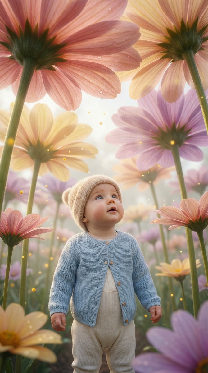 Ultra-Realistic Surreal Conceptual Portrait of a Baby in a Gigantic Flower Field 3