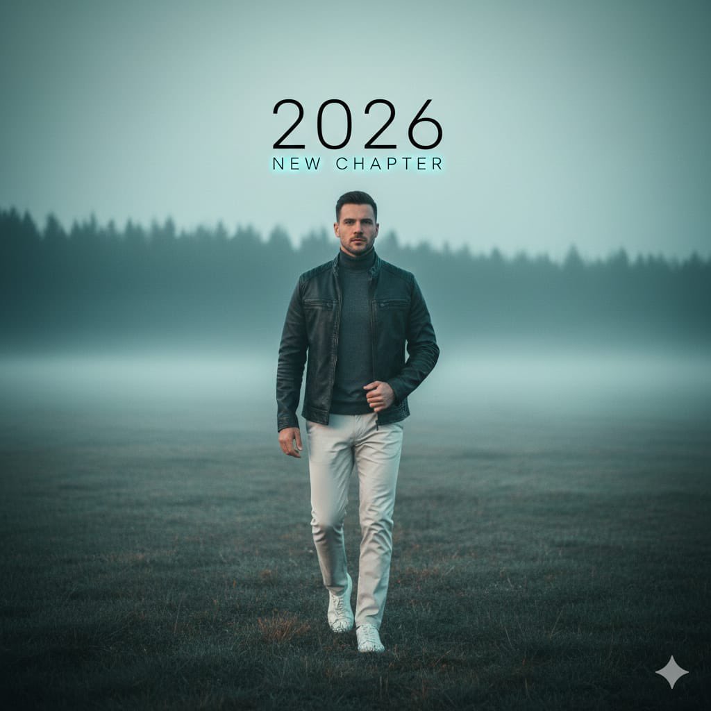Cinematic Portrait: Man Walking in Foggy Meadow with Typography 1