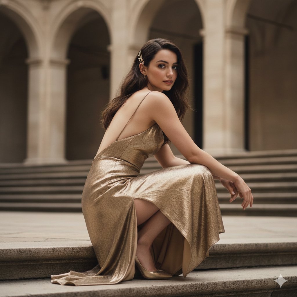 Ana de Armas Golden Gown Courtyard Portrait 1