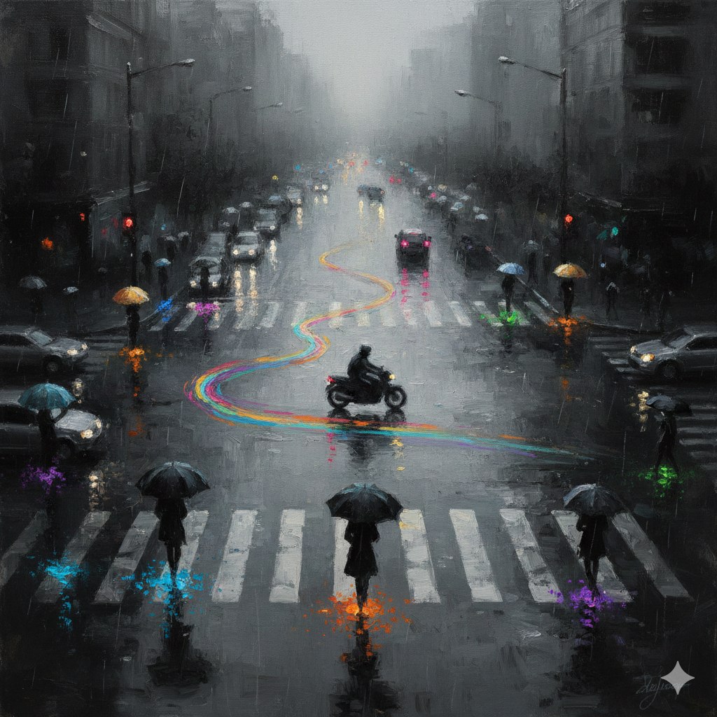 Impressionist Oil Painting of Rainy Urban Solitude 1
