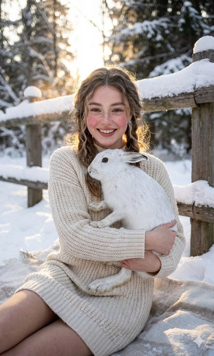 Cozy Winter Portrait with White Hare 1