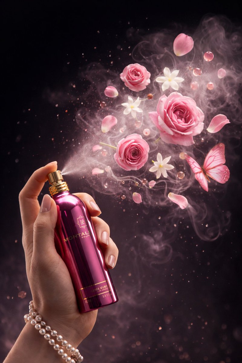 Luxury Product Photography of Perfume Bottle with Floating Flowers 3