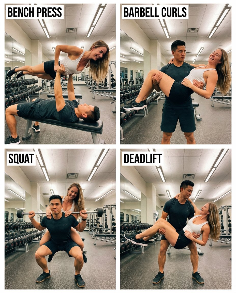 2x2 Collage of Couple Lifting Each Other in Gym 1