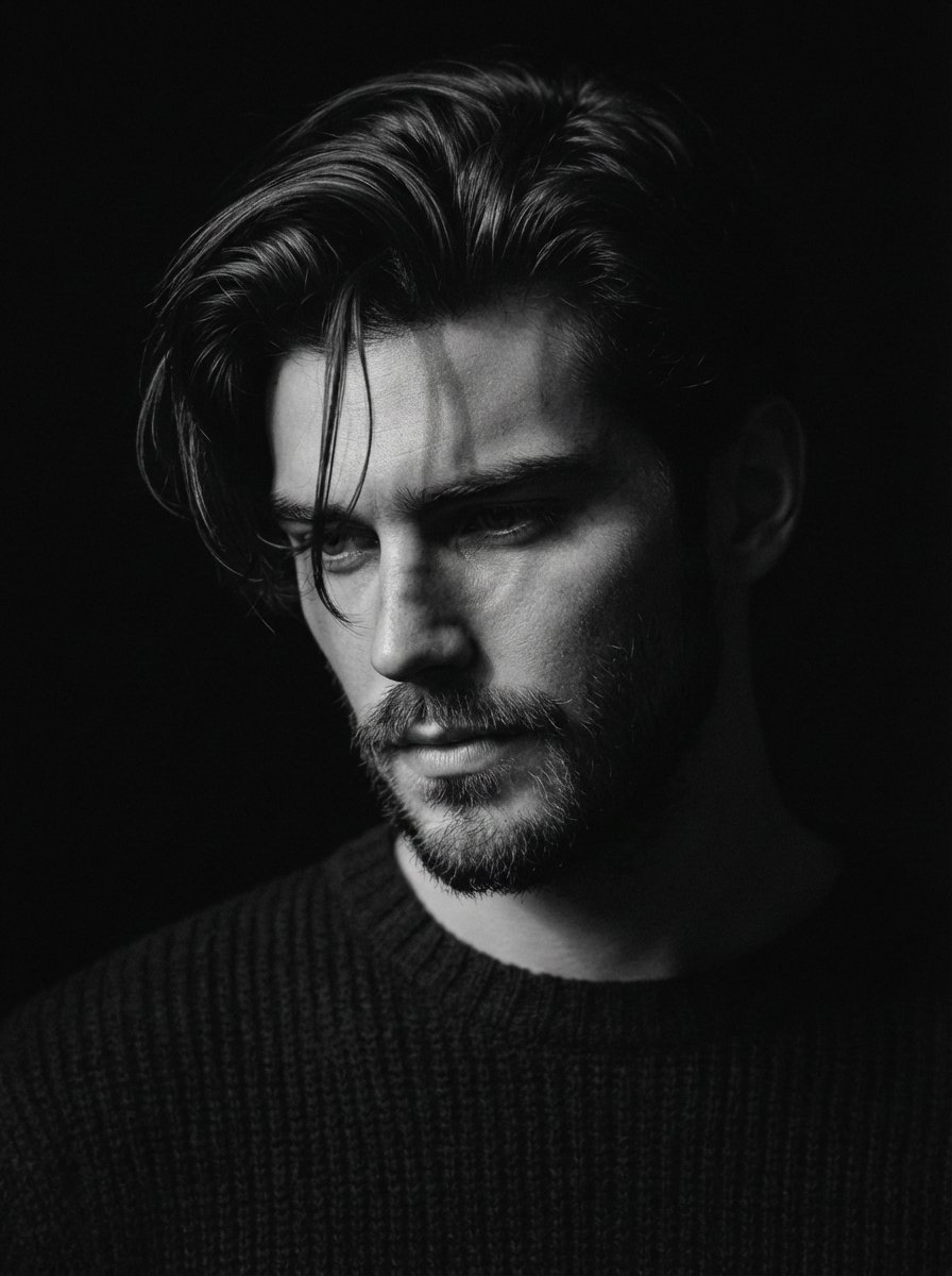 Black and White Pensive Portrait with Single Light Beam 1