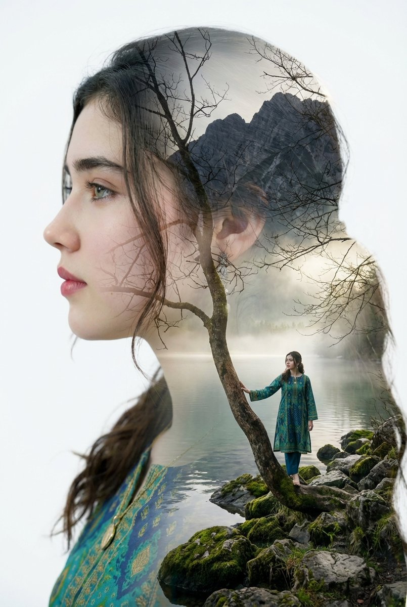Double Exposure Portrait with Tree Branches and Landscape 1